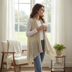 Hooked Up ✦ Beige Crochet Open-Knit Vest ✦ Sleeveless Boho Layering Piece Sz L